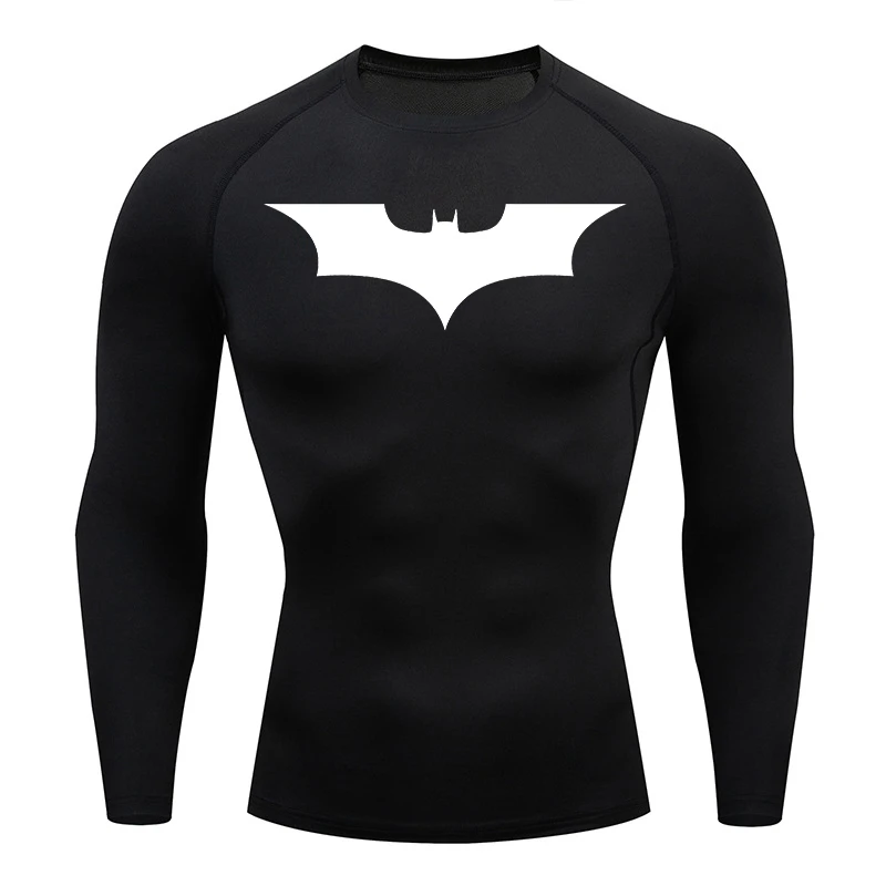 Bat Print Long Sleeve Compression Shirts for Men Gym Workout Running Tees Athletic Quick Dry Tshirts Tops Rash Guard Baselayers