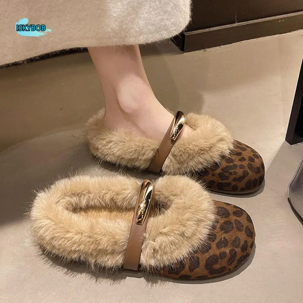 

Comfortable Suede Leopard Print Warm Slippers Soft Round Head Plush Slippers Women Anti-slip Home Wear Retro Winter Shoes Women