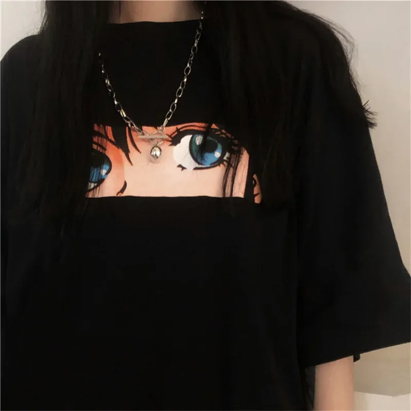 Anime Print Women T-shirt 2023 New Summer Manga Girl Harajuku Style Loose Black Cartoon Short-sleeved T-shirt Female Clothes Top