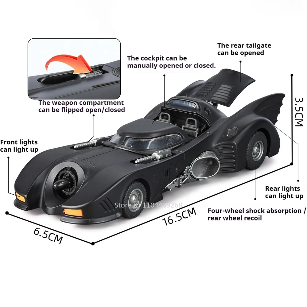 1:32 Batmobile Automodel Speelgoed Legering Lichaam Schokabsorptie Supercar Muziek Licht Miniatuur Voertuigmodellen Collectie Presenteert