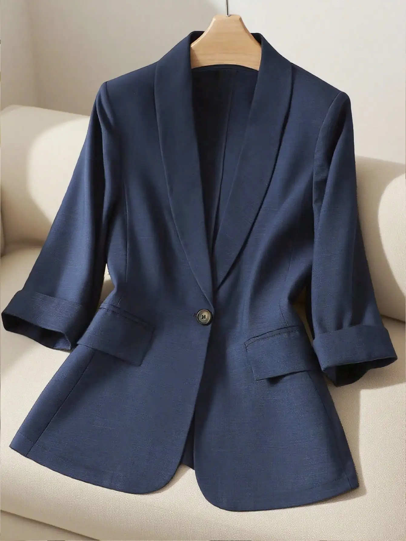 

Women's Dark Blue Single Button Blazer with 3/4 Sleeves, Peplum Hem & Folded Cuffs for Business Casual Office Wear
