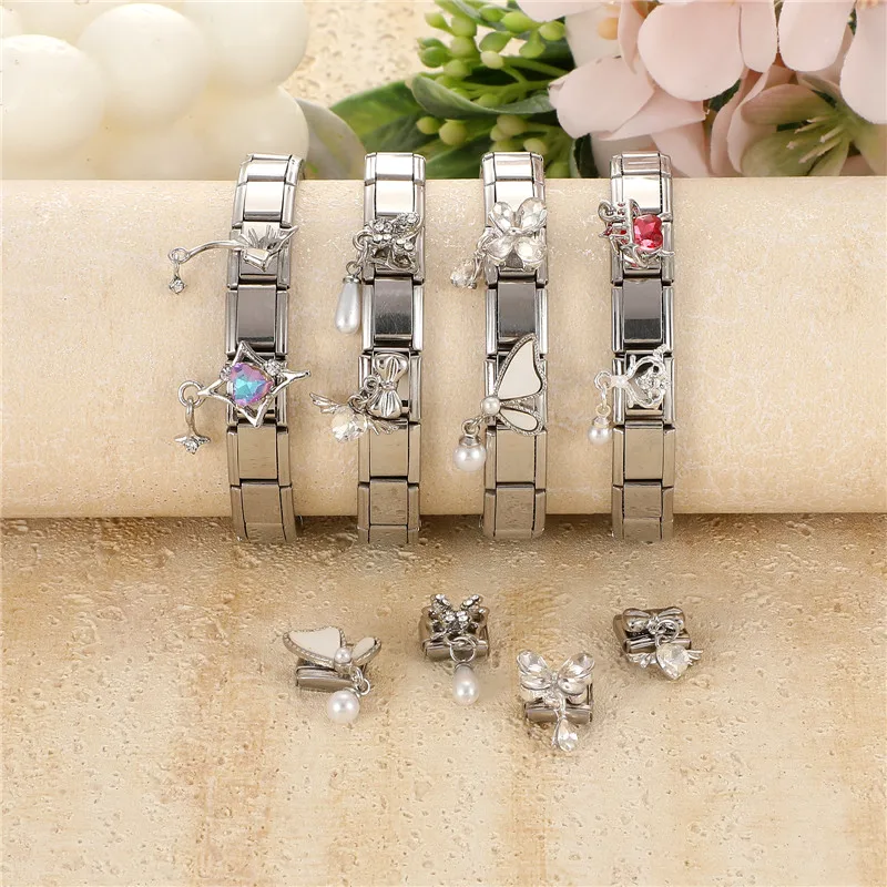Zirkon Lange Quaste Schmetterling Schleife Knoten Herz Italienische Charm Links Fit 9mm Armband Edelstahl DIY Schmuck Machen – Detail 3