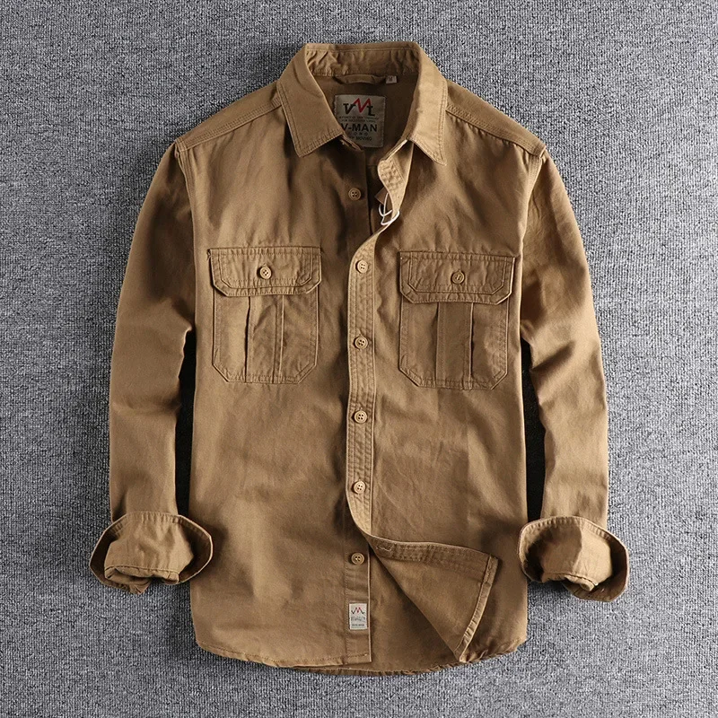 American Tooling Multi-pocket Slim Shirt Simple Wash All-match Long-sleeved Shirt Casual Cargo Top High Quality Retro Nostalgia