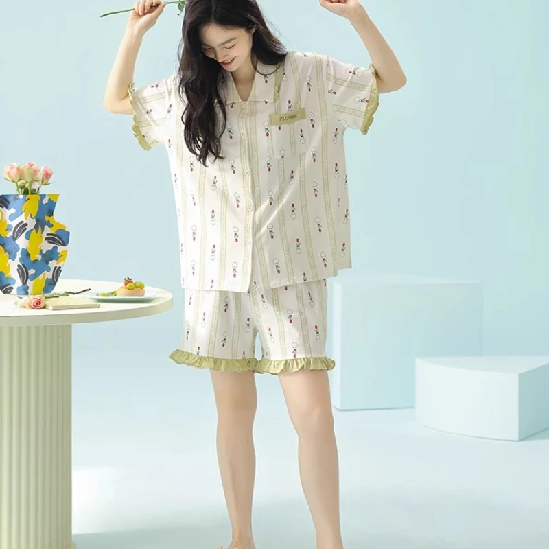 M-5XL Women's Summer Cotton Sweet Flower Print Short Sleeve Turn-down Collar Pajamas 2025 Ruffles Shorts Cute Loungewear Set