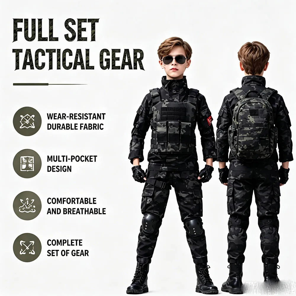 Kids Tactical Camo Uniform Children's Day Boys Girls Cosplay Costume Set Military Combat Outfit for Outdoor Role Play Training