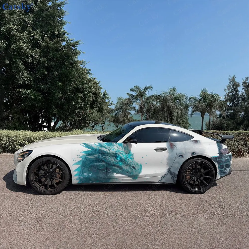 2pcs Crystal Dragon White Wolf Car Side Wraps, Self-Adhesive PVC Waterproof & Scratch-Resistant Stickers, Car Accessory Gift