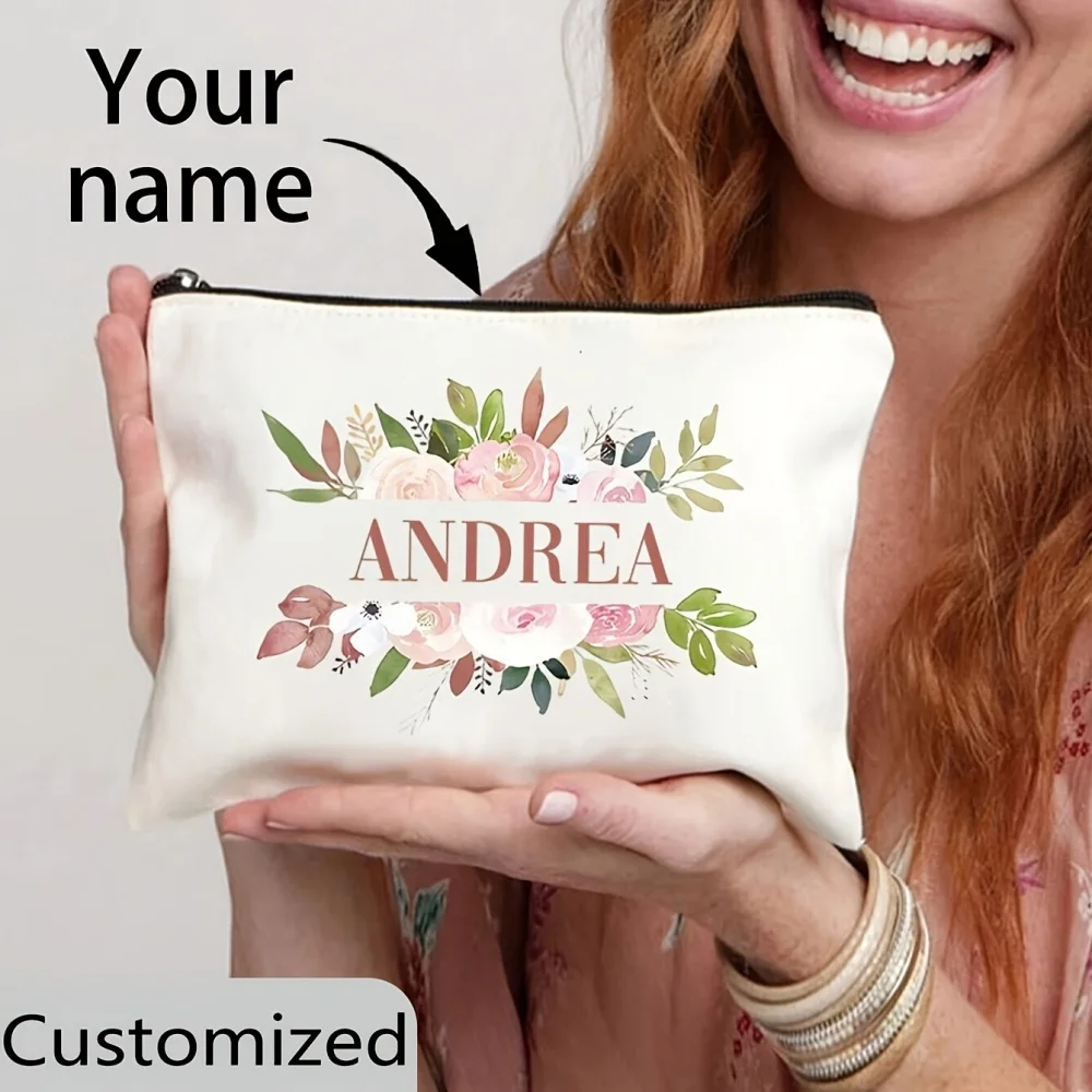 1Pc Personalized Custom Name/Text Makeup Bag Double Sided Printed Floral Cosmetic Pouch Travel Toiletry Organizer Storage Bags