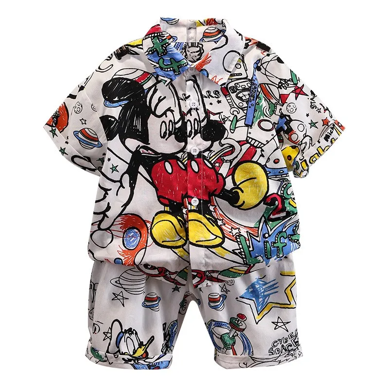 Summer Kids Mickey cartoon T-shirt Sets Clothes Boys Girls Fashion Graffiti Turn-Down Shirts And Pants Suits Sets for children