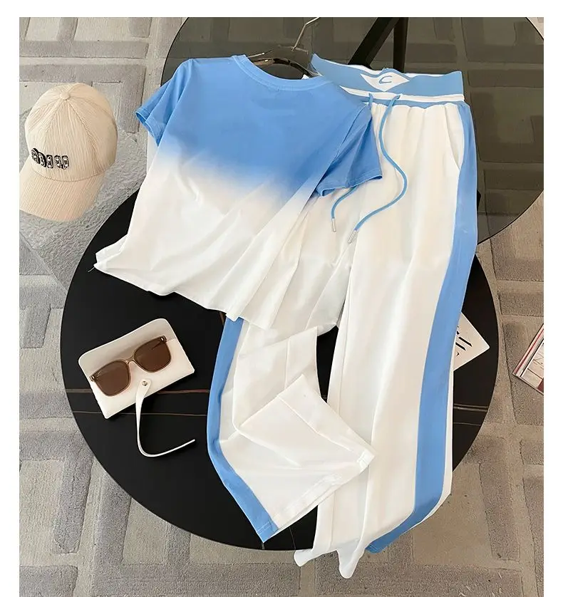 2025 Spring/Summer New Fashionable Gradient Short Sleeve+High Waist Wide Leg Pants Casual Two Piece Set
