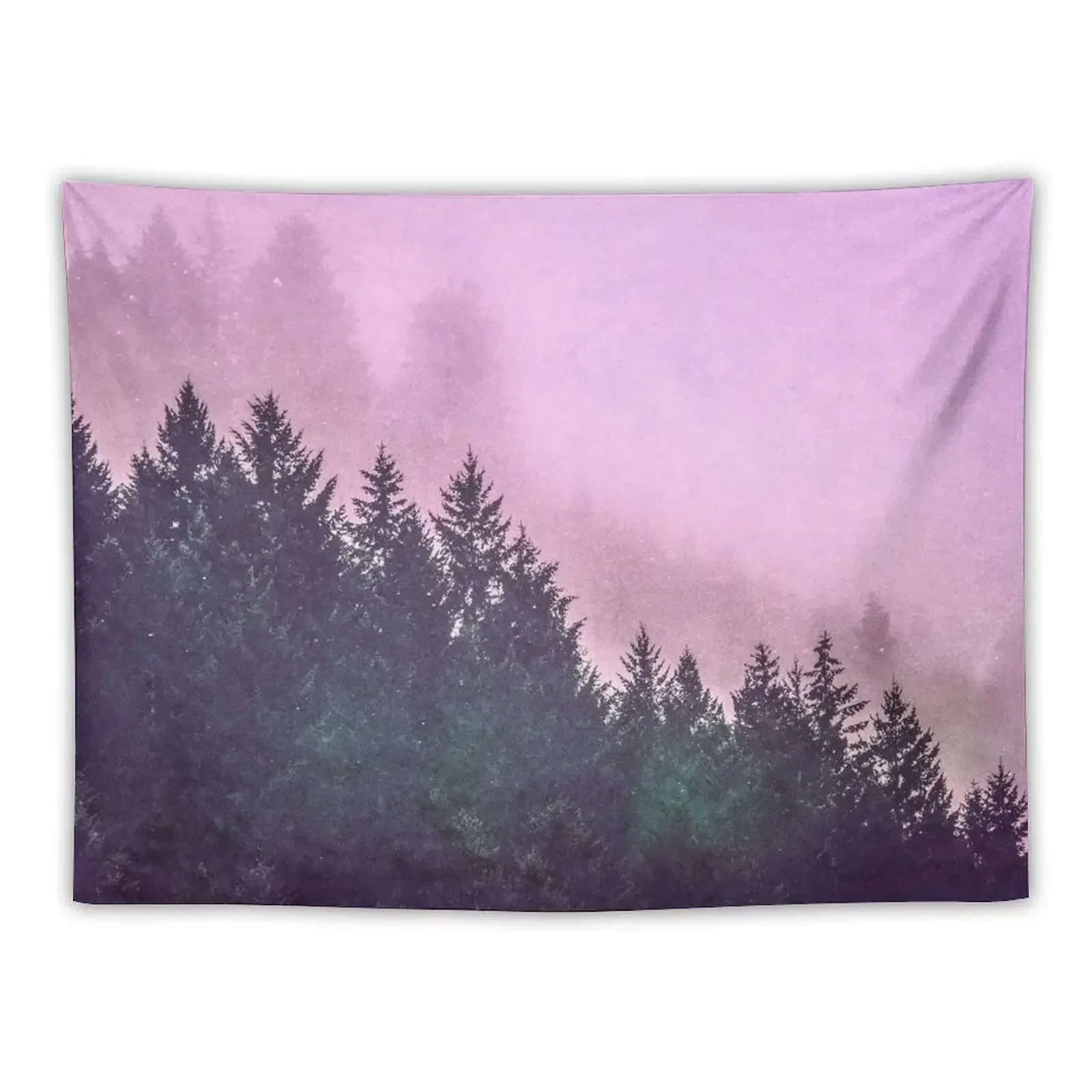 Fog Forest - Pink and Green Misty Mountain Pass Tapestry Bedroom Decorations Cute Decor Decoration Aesthetic Tapestry