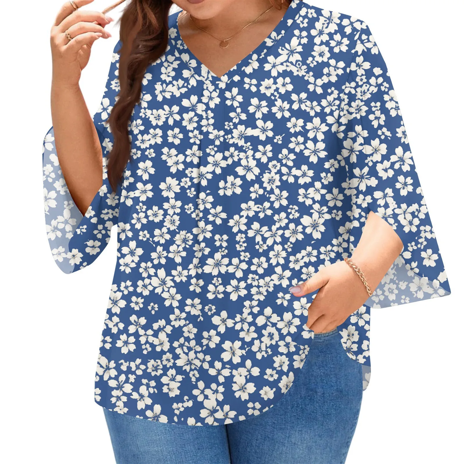 Plus size T-shirts women's fashion printed tops v-neck three-quarter sleeves t shirts spring autumn casual pullover tops