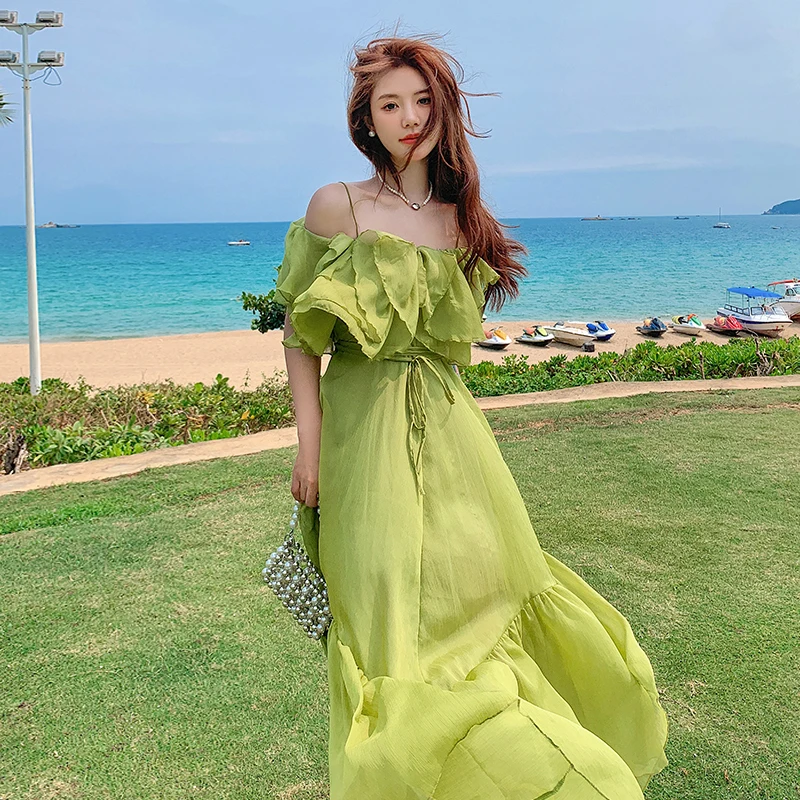 French Sexy Off Shoulder Ruffle Summer Long Dress 2023 For Women Solid Bohemian Beach Dress Clothes