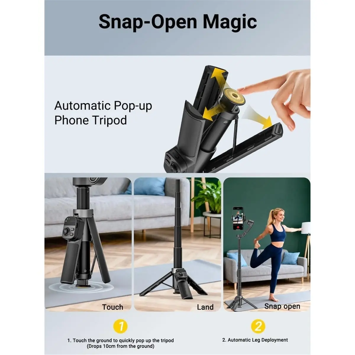 Extension Rod & One-Touch Open Tripod, Phone Gimbal W/Magnetic Remote for Vlogging, Travel, Face/Object Tracking in APP