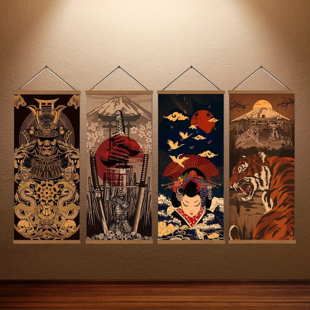 4 Piece Japanese Ukiyo - e Art Set Samurai Geisha Mount Fuji & Tiger Canvas Wall Decor for Tattoo Studio Bar Japanese Restaurant