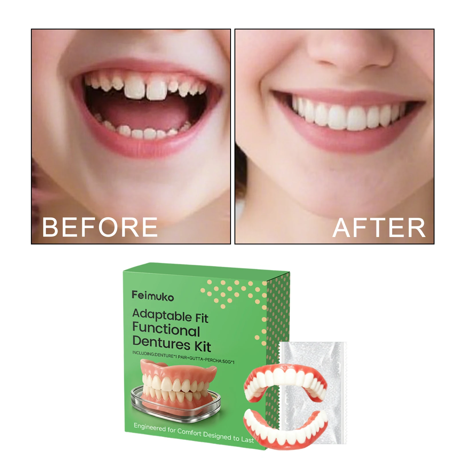 Kit de dents artificielles temporaires en matériau thermoplastique souple – Rangée de dents naturelles pour une confiance accrue dans la parole et un confort alimentaire quotidien