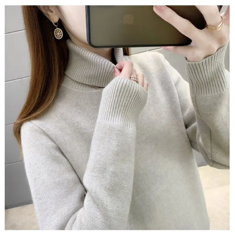 

Fleece Lined Turtleneck Sweater Women Thickened Slim Fit Winter Thermal Knit Top
