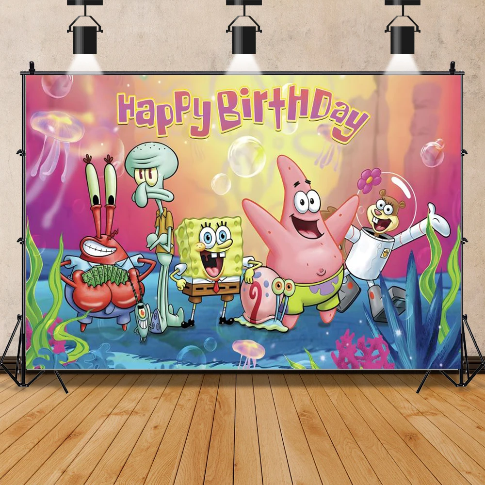 SpongeBob SquarePants fundo de festa para crianças, feliz aniversário decoração, abacaxi casa, fotografia pano de fundo, personalização