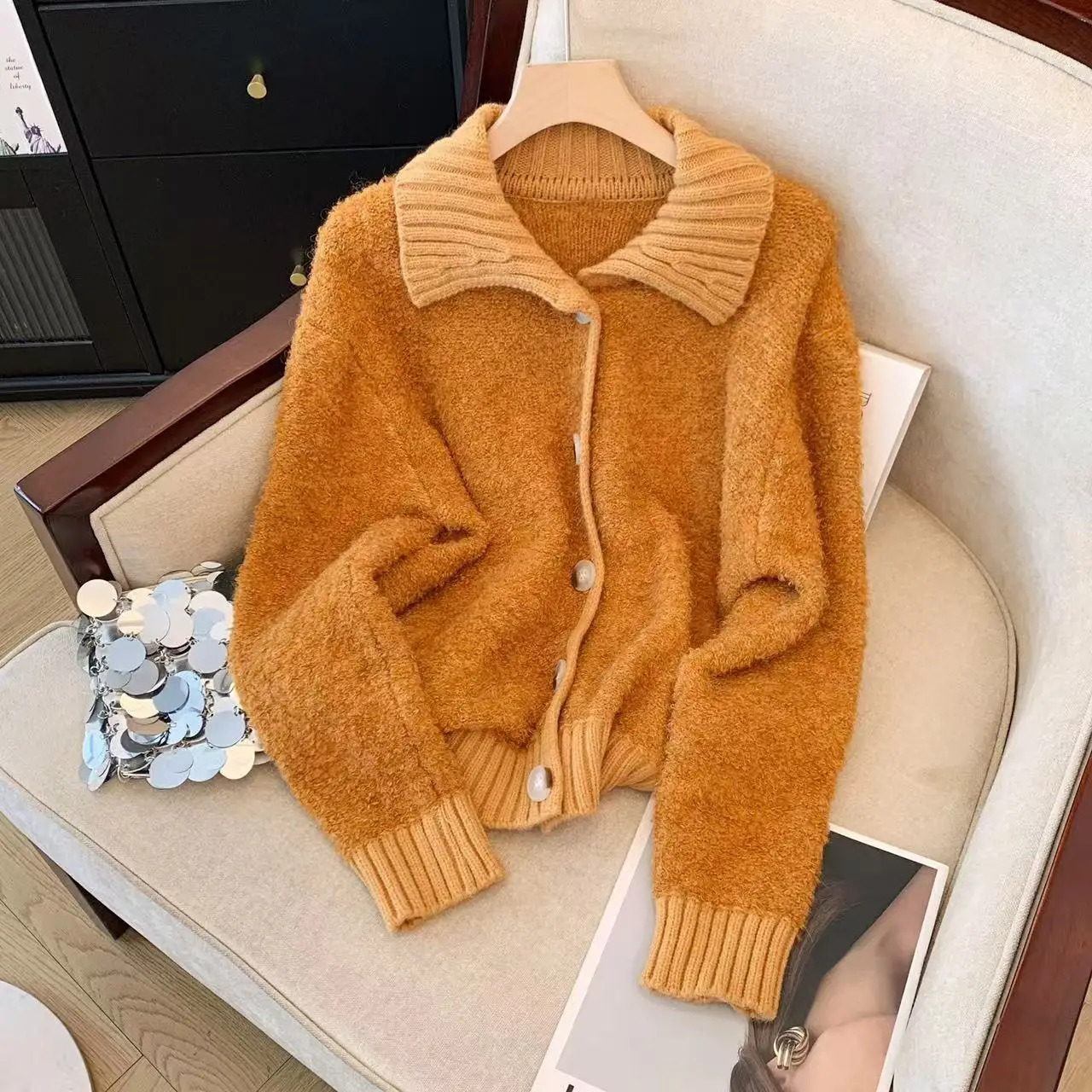 

Женский оранжевый кардиган, свитер в корейском стиле, кашемировый свитер с длинными рукавами и отложным воротником, винтажный трикотаж, одежда Y2k 2000-х годов