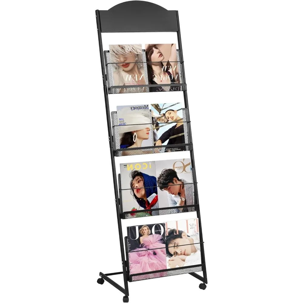 Magazine Rack: Floor Mounted Magazine Rack 4-layer wheels, high hardness metal brochure magazine display rack