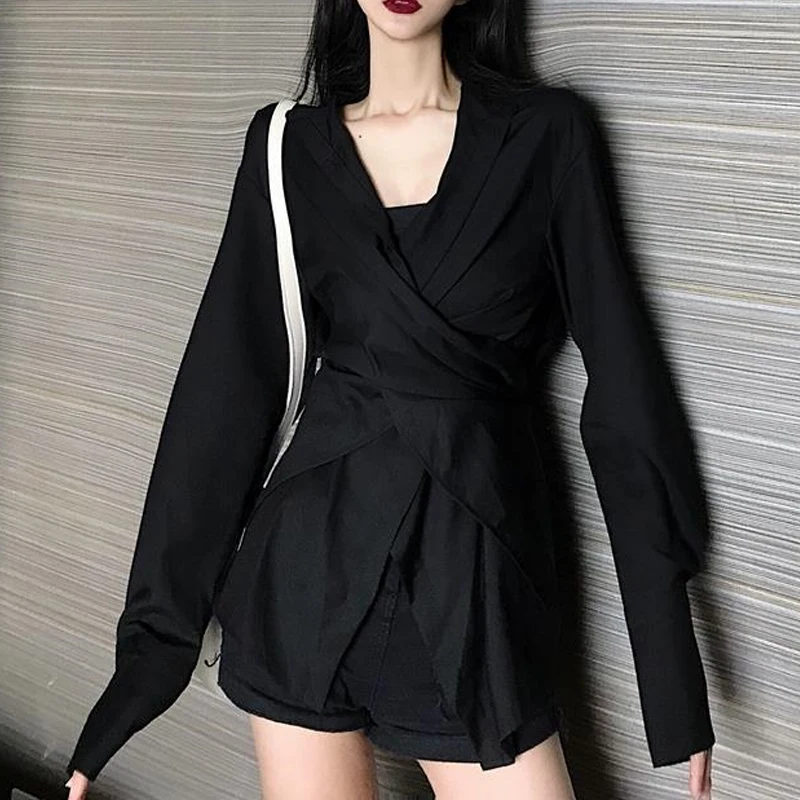 Women Vintage Asymmetrical Design Harajuku Shirts Elegant Chic Stand Collar Slim Blouses Solid Long Sleeve Tops Casual Y2K Blusa