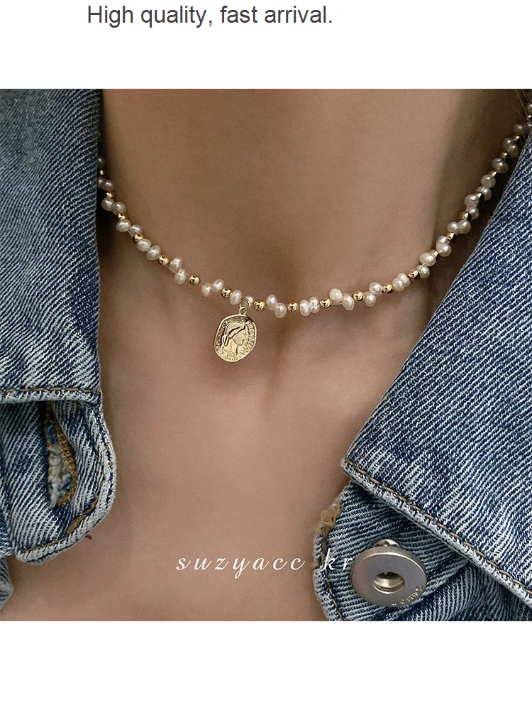 European and Korean American Style Embossed Natural Pearl Necklace Clavicle Chain Light Luxury Minority Design Sense Necklace