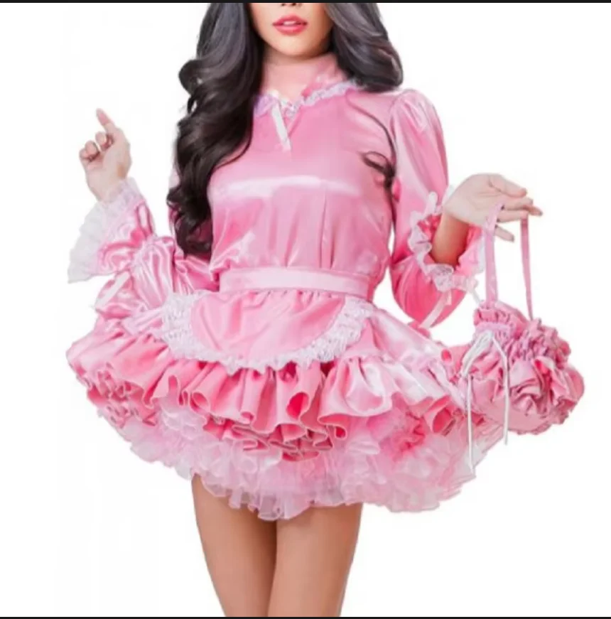 

Lockable Maid Sissy Dress Pink Satin Long Sleeves Multilayer Lace Fluffy Gauze Skirt Tunic Clothing Customized