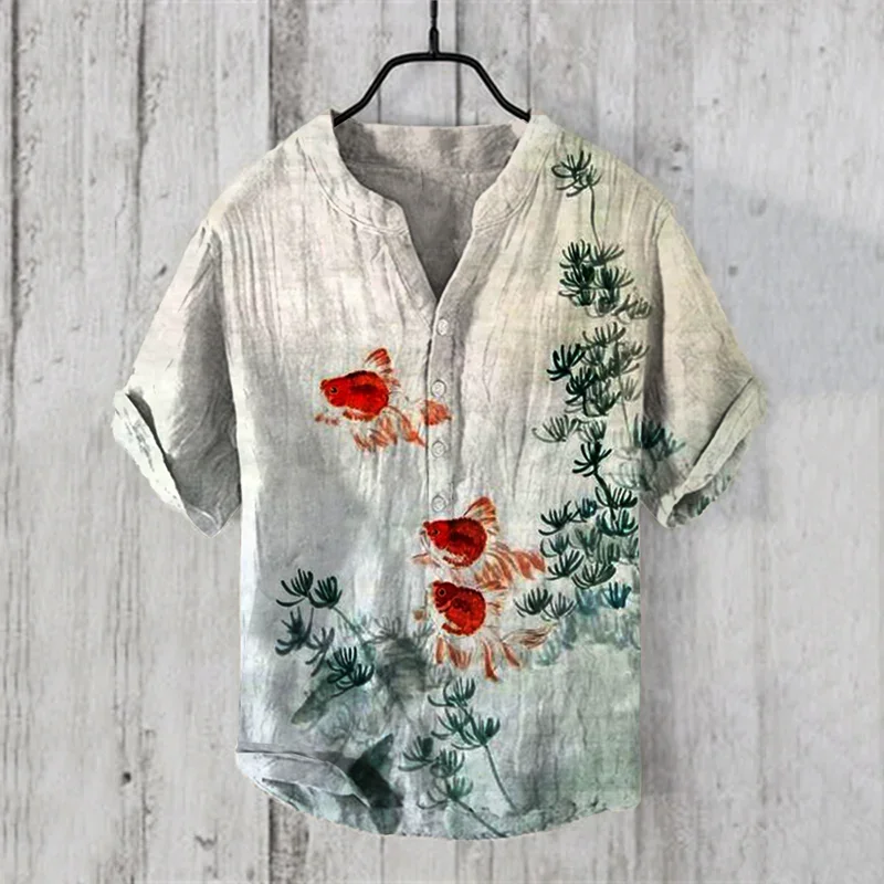 Fashion men's V-neck shirt T-shirt Hawaiian men's printed linen short-sleeved button-down shirt seaside holiday casual shirt