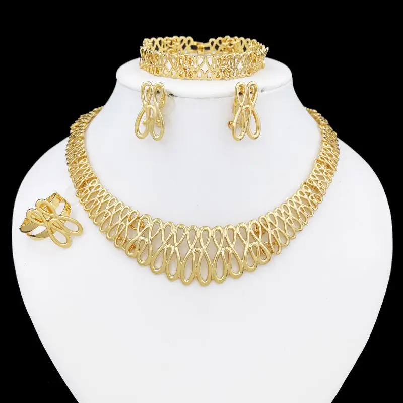 Women Jewelry Set Classic Design Round Gold Plated Necklace Earrings Bracelet And Ring 4PCS Jewelry For Party Trending