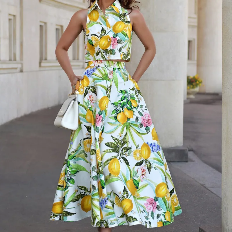 Women's Fashion Lemon Print Sleeveless Shirt + Pocket Skirt 2-piece Summer New Elegant Swing WomanVacation Skirt Set 2026 view 2