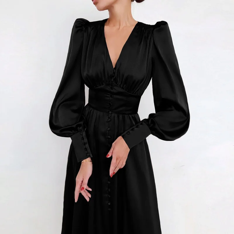 

2025 Woman Clothes New Style Satin Party Dresses With Design Sense Lantern Sleeves Waist-Cinching Slim Elegant Long Gown