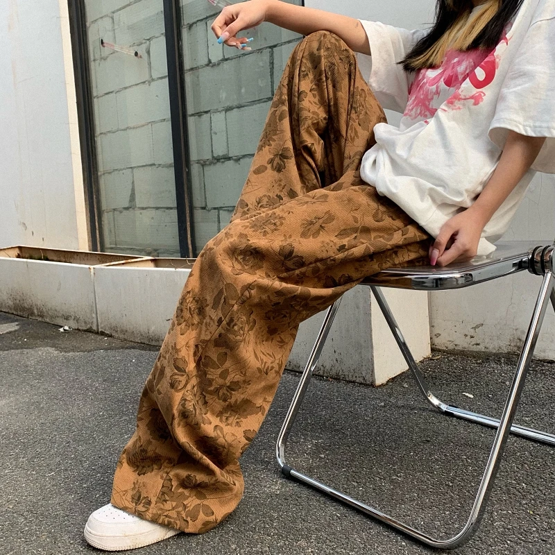 Celana Korduroi Lurus Longgar Saku Bunga Celana Sweatpant Serut Pinggang Tinggi Pria Wanita Kpop Kasual Y2k Harajuku Streetwear Fashion