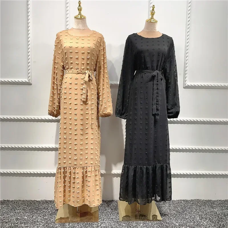 Solid Robe Caftan Muslim Dress Three-dimensional Jacquard Muslim Abayas Fashion Women's Dress Casual Middle Eastern Maxi Dress