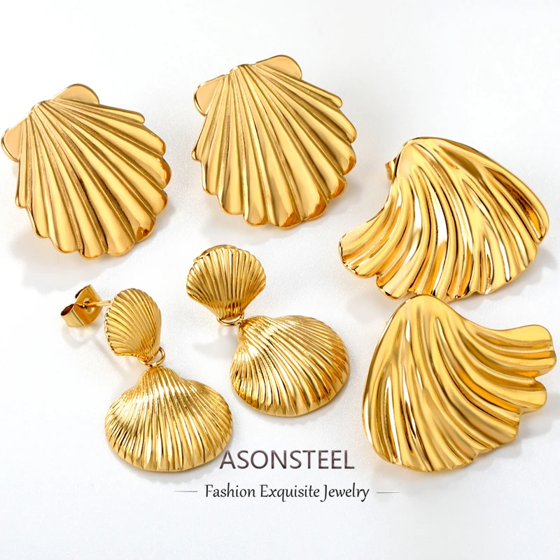 ASONSTEEL Elegant Small Scallop Shaped Stud Earrings For Women Anti-allergy 316L Stainless Steel Texture Shell Golden Jewelry