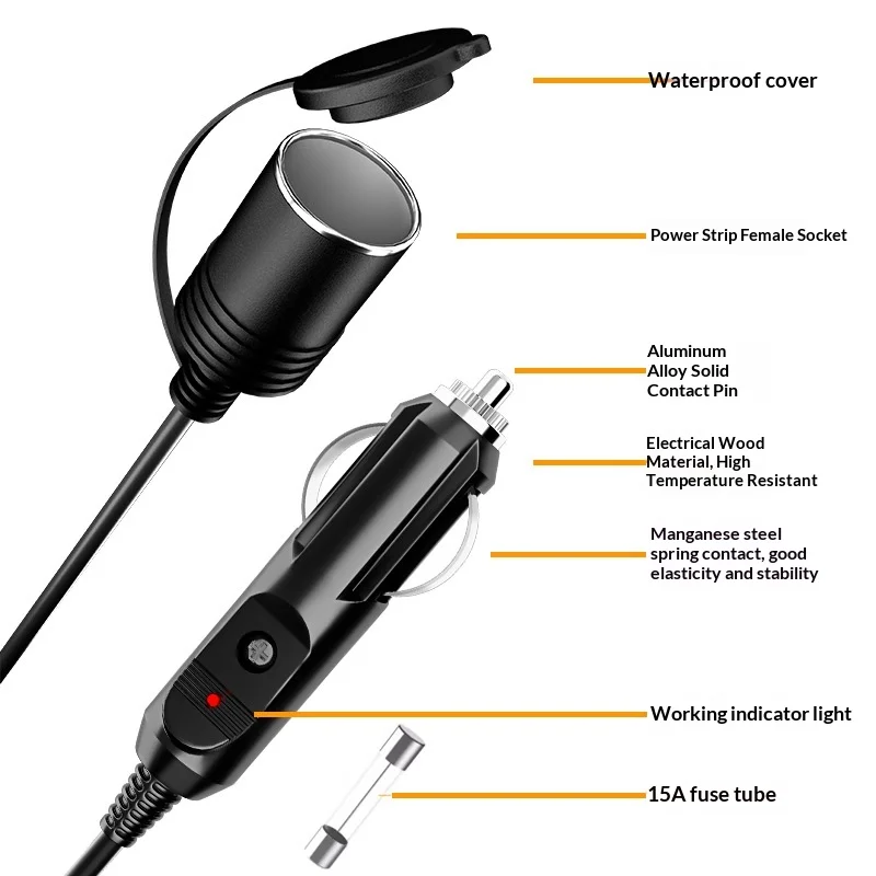 Car Plug Extension Cord 3-5m, Car Plug Male To Female Socket Cable Heavy Duty Power Charger Adapter With LED 15A Fuse