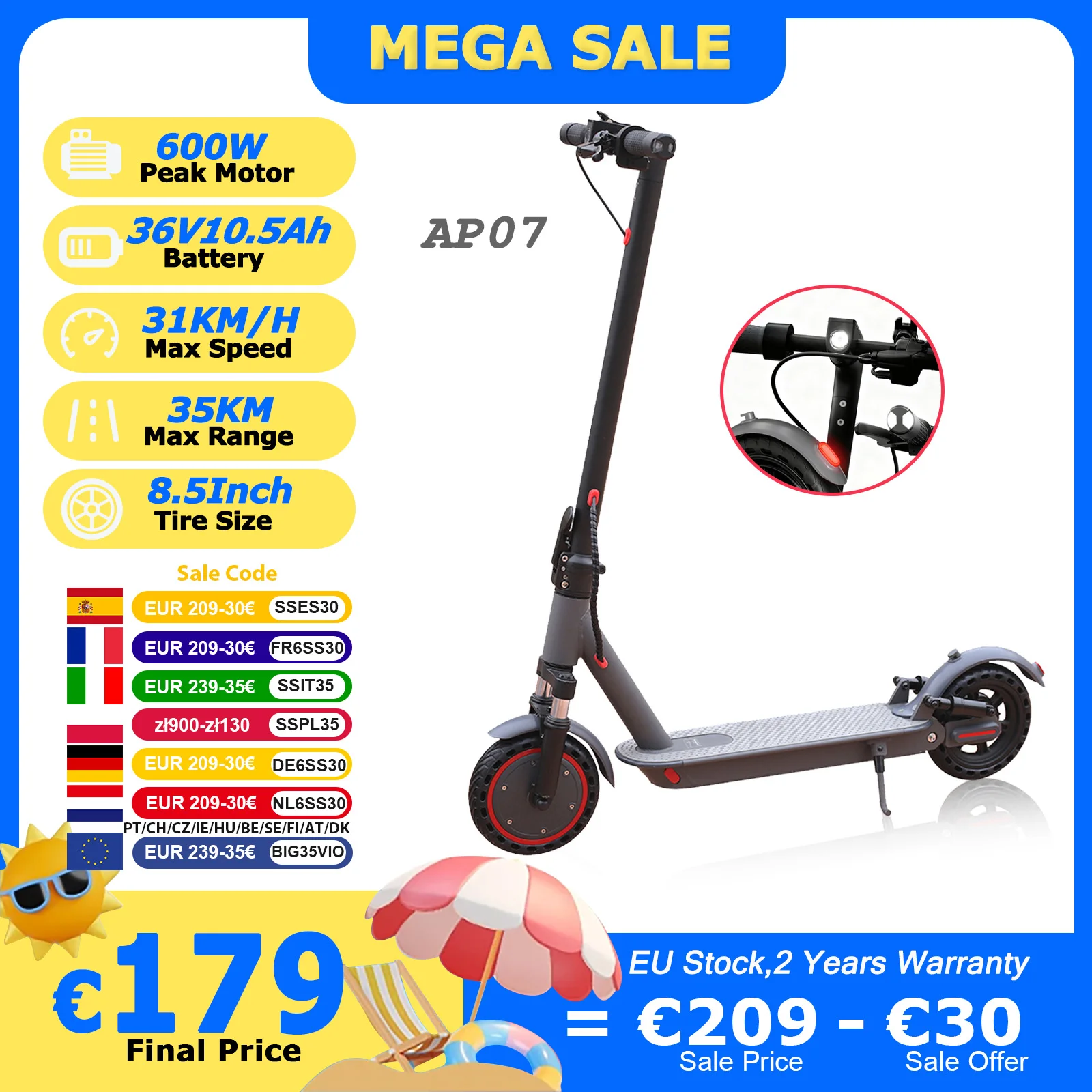 JUICEASE AP07 Scooter électrique 600W moteur puissant 36V 10.5AH 35KM longue portée avec clignotants double Absorption des chocs EScooter