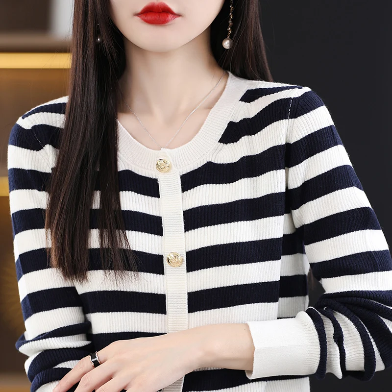 

Autumn Striped Knitted Sweater 100% Worsted Wool Women Pullover Tops Long Sleeve O-Neck Cashmere Streetwear Female Spring