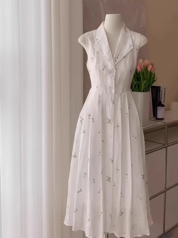 White Floral Vest Dr Women's Summer 2025 New Beach Vaion High Waist A-Line Midi Skirt French Sle No Sve Zipper Ba