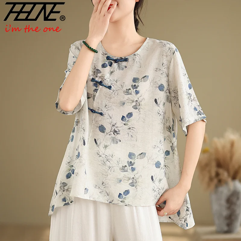 

THHONE Fashion Summer Woman Blouse 2025 Print Cotton Linen Short Sleeve Loose Blusa Mujer Camisas Casual Korean Women's Clothing