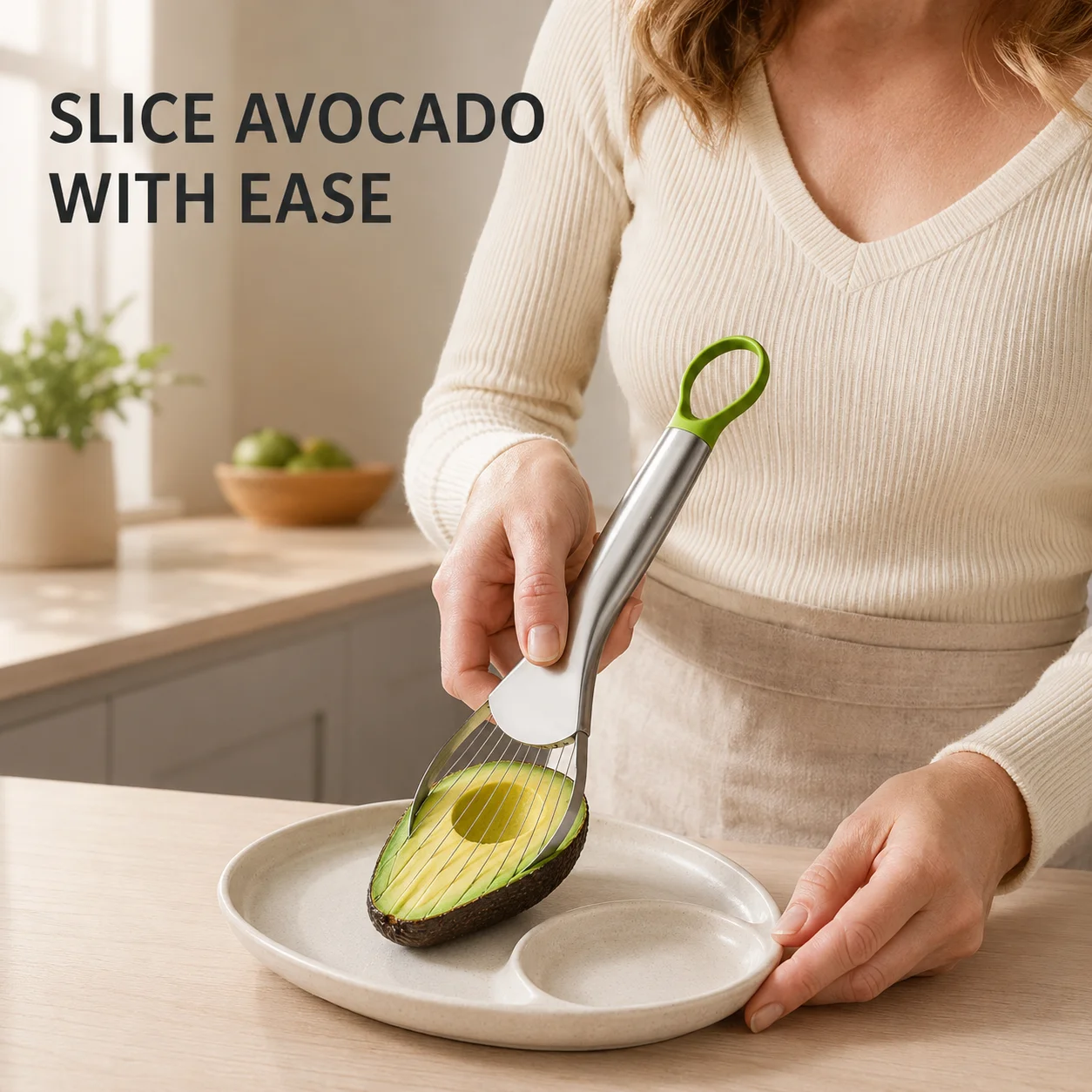 Stainless Steel Avocado Slicer with Wire Cutting Head – Ergonomic Kitchen Tool with Hanging Loop Multipurpose Kitchen Gadget
