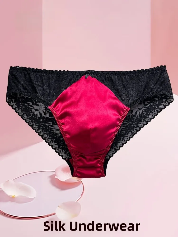 

Sexy Men's Silk e Underwear Comfortable Mid-Waist Ribbed Design Micro-Lace l Feeling True Silk U-aped Detail