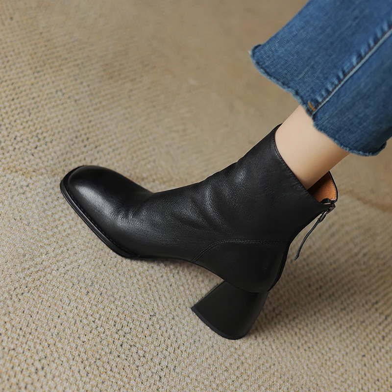 Concise Retro Round Toe Women Ankle Boots Autumn Winter Genuine Leather Thick High Heels Basic Office Lady Shoes Woman 2023 New