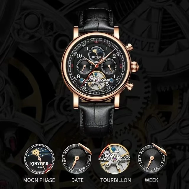 Kinyued J082 Automatic Mechanical Watch for men Hollow Design Multifunction Leather Strap Business Watch Waterproof Hand Clock