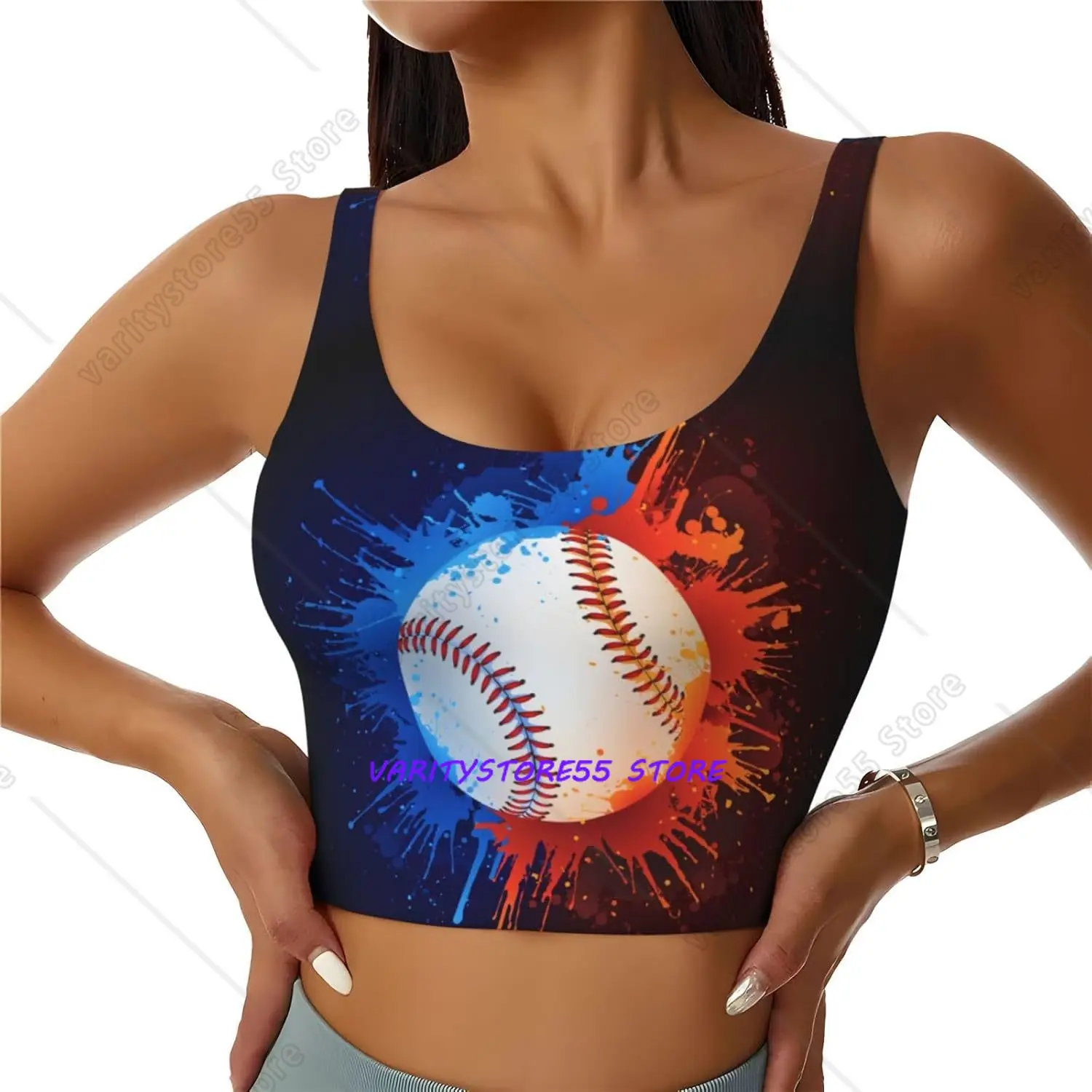 Watercolor Baseball Splash Women's Sports Bra Yoga Crop Gym Tank Tops U Back Exercise Workout Top Removable Pads Fitness