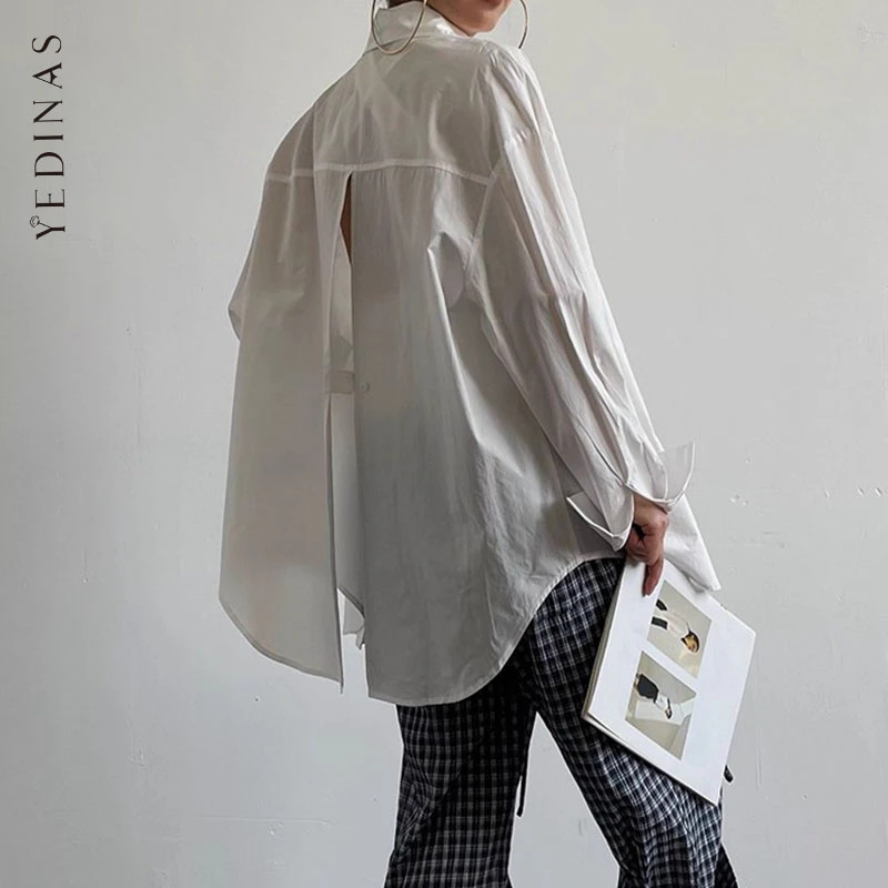 

Yedinas Streetwear Back Split Women Shirts Long Sleeve Korean Fashion Loose Chic Design Casual Autumn Tops Shirts And Blouses