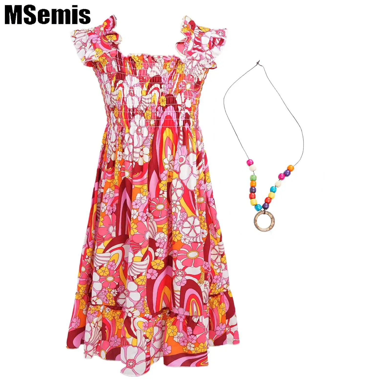 

Kids Girls Floral Print Travel Sundress Sleeveless A-Line Ruffled Smocked Dress with Necklace for Beach Holiday Wedding Party