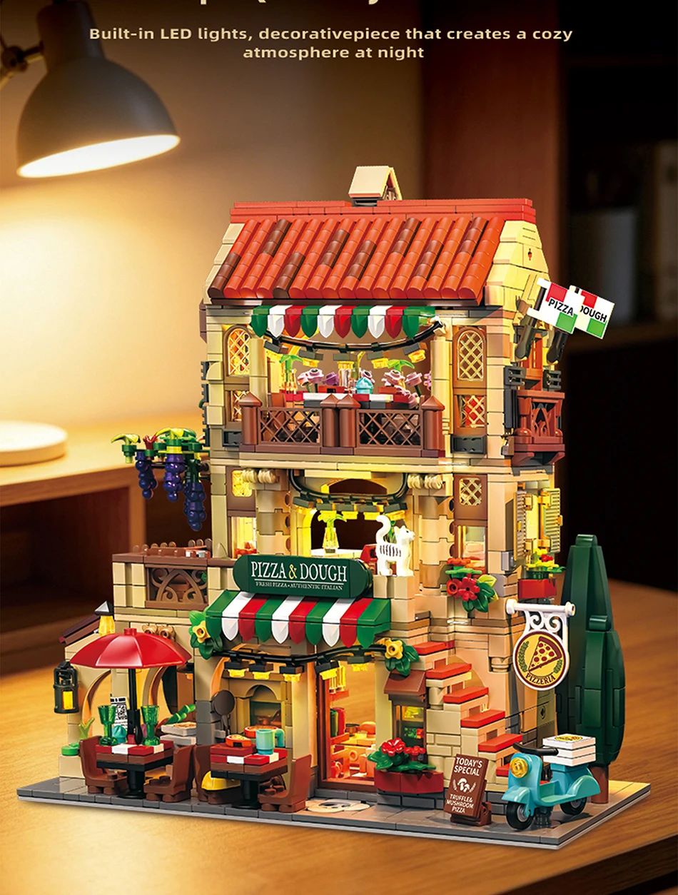 City Series MOC 1962pcs Pizza Shop Model Building Blocks DIY Pizza Restaurant Bricks Toys Gifts For Men Boy Desktop Ornament