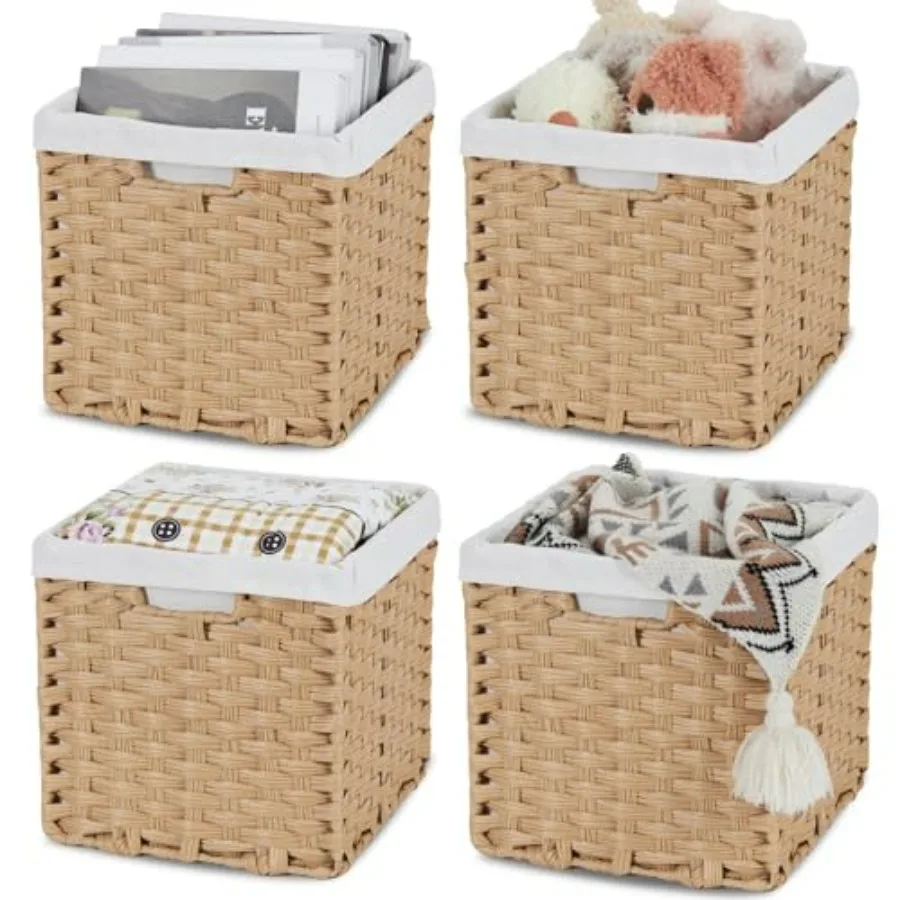 

Wicker Storage Baskets with Liners 11x11 Storage Cube Bins with Handles Imitation Water Hyacinth 4-Pack Waterproof Woven Storag
