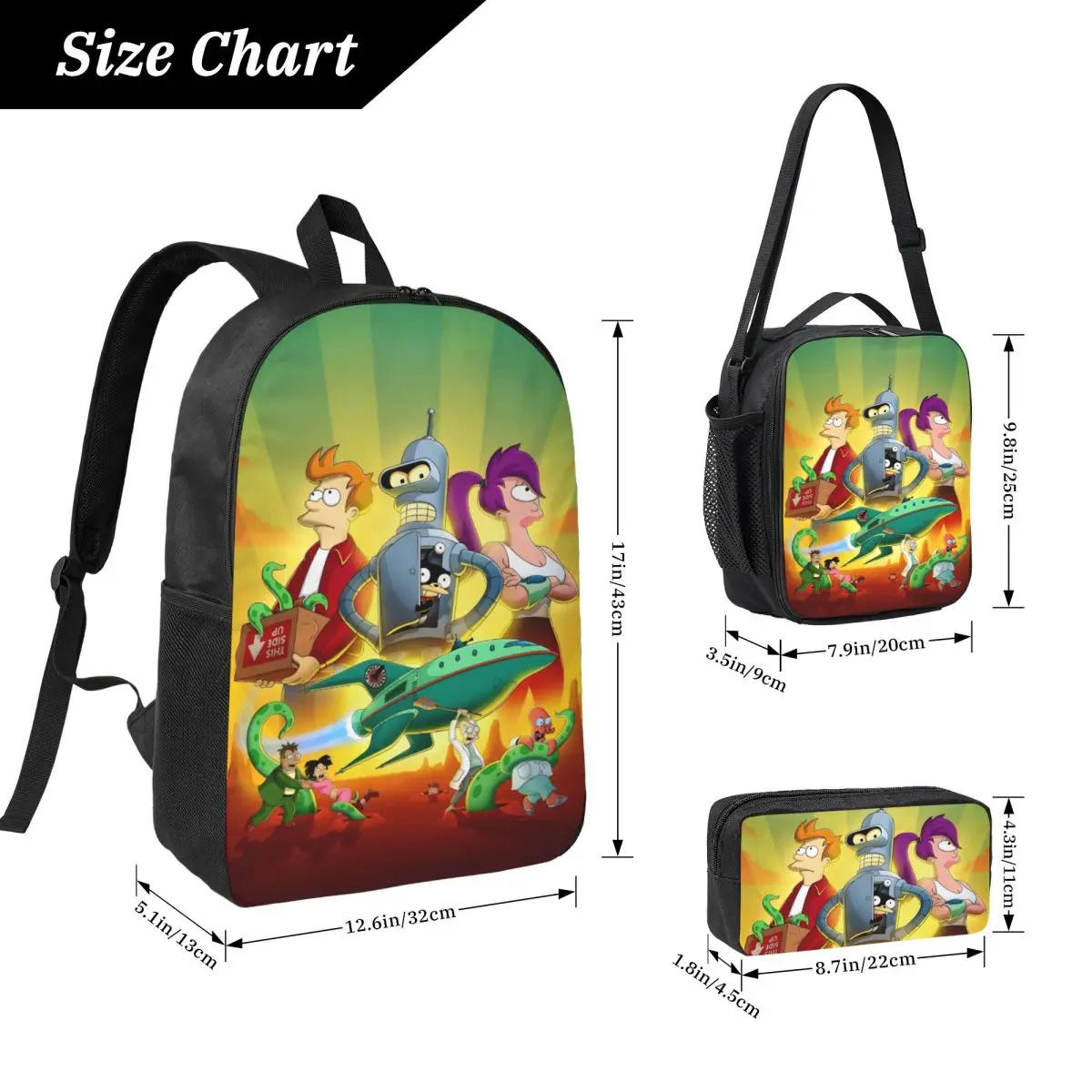 3Pcs Futuramas Cartoon Comic merch Backpack Set for Kids Pencil Boxes Bookbag Sets with Lunch Box For School Students Knapsack