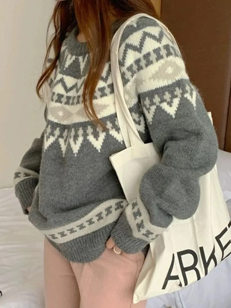 Nuevo estilo Preppy Argyle suéteres mujeres Vintage de gran tamaño suelto de punto jerseys coreano de manga larga Patchwork señora dulce Tops