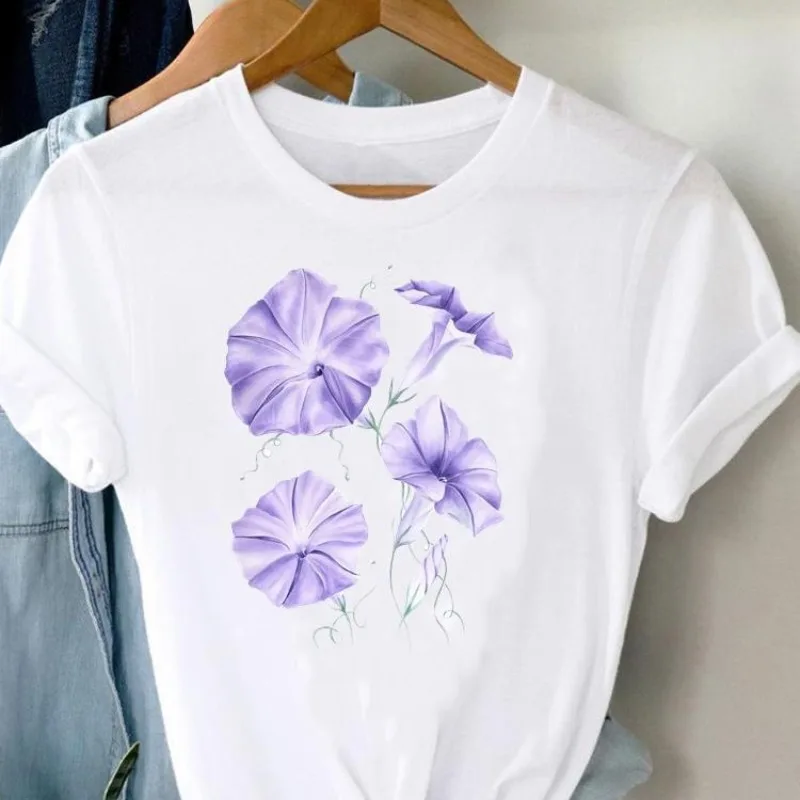 

Floral Print Garment Top Round Neck Short Sleeve T-shirt Harajuku Women Clothes Tops Aesthetic Clothes Graphic T Shirts